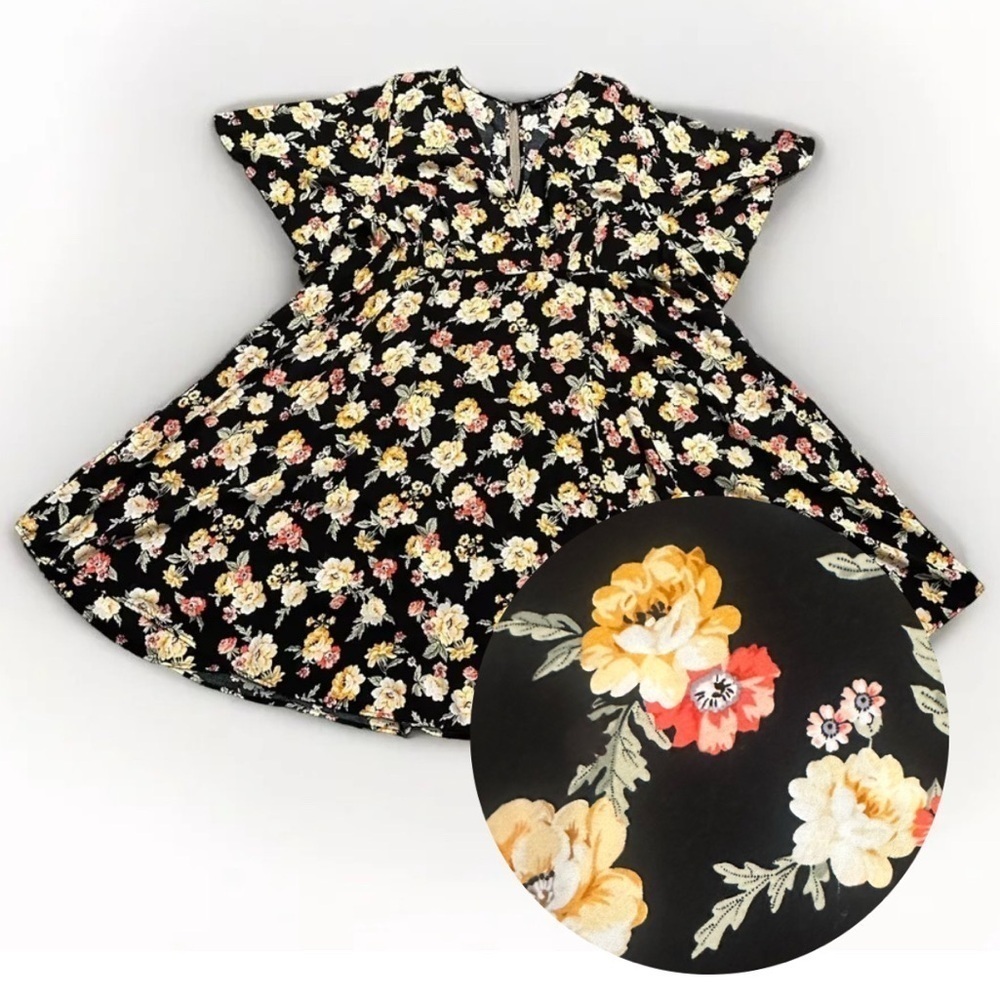 torrid Black Floral Midi Dress with Yellow & Pink Blossoms